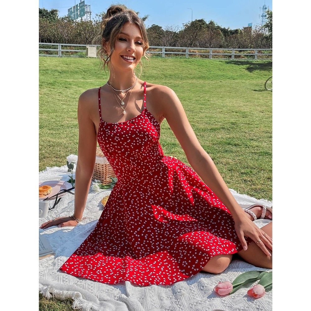 Boho Backless Heart Print Crisscross Tie Back Cami Dress red - Picture 3 of 9